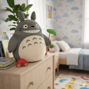 Peluche Totoro posée sur une commode dans une chambre d'enfant.