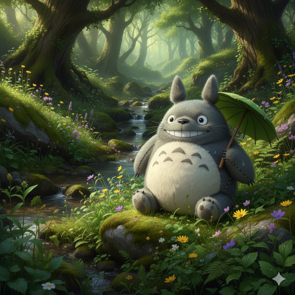 Peluche de Totoro dans un décor verdoyant et naturel.