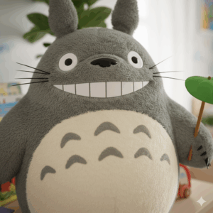 Zoom sur le ventre rebondi et le grand sourire bienveillant d'une peluche Totoro.