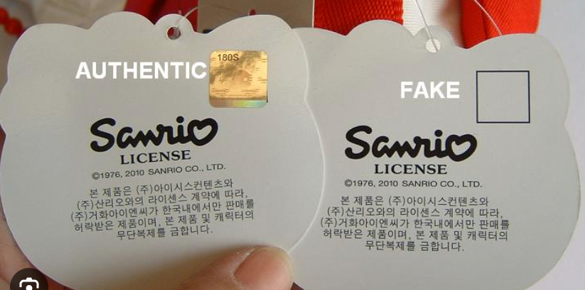Comparaison entre une étiquette en carton Sanrio officielle et une contrefaçon floue